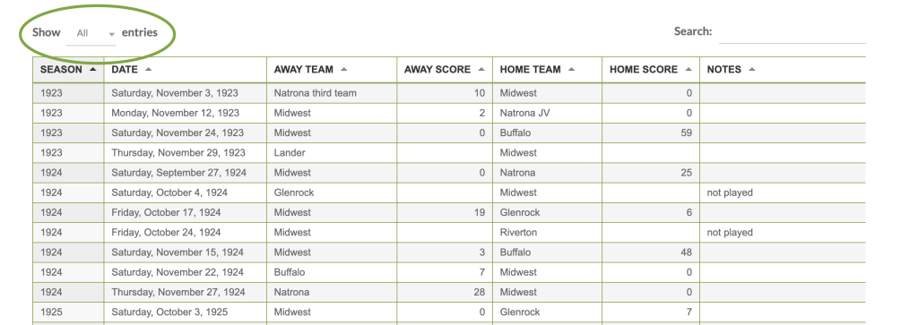 Graphic showing the row choice drop-down menu in the top left, above the table of game results.