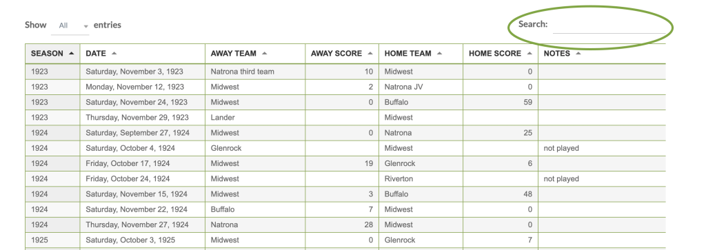 Graphic showing the search box circled in the top right corner, above the table of game results.